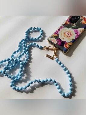 NIB Blue Beaded Crossbody phone Strap with Gold Hardware